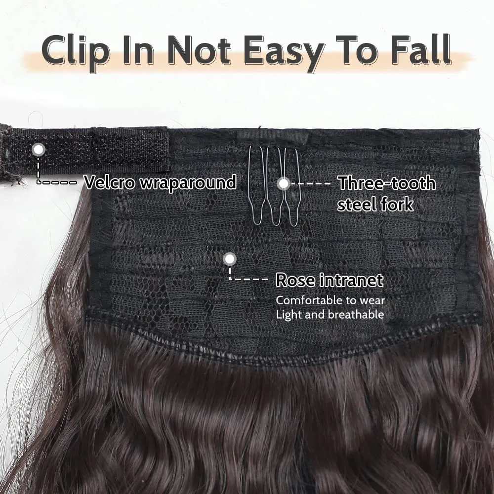 Wavy Ponytail Extension Wrap Around 16" Curly Synthetic Fake Pony Tail Wigs Extensions for Adults Women Girls Party Daily Use Heat Resistant Fluffy Clip in Hair Pieces 5 Oz Darkest Brown