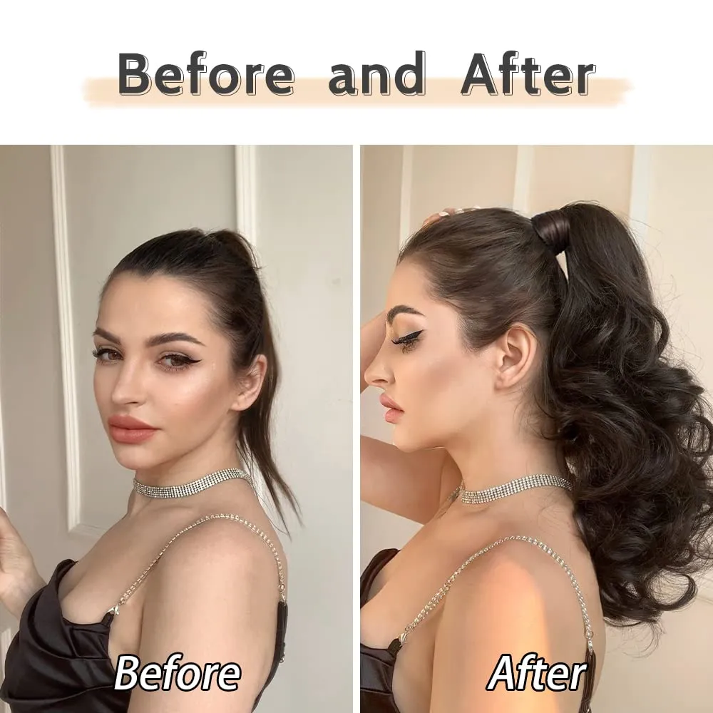 Wavy Ponytail Extension Wrap Around 16" Curly Synthetic Fake Pony Tail Wigs Extensions for Adults Women Girls Party Daily Use Heat Resistant Fluffy Clip in Hair Pieces 5 Oz Darkest Brown