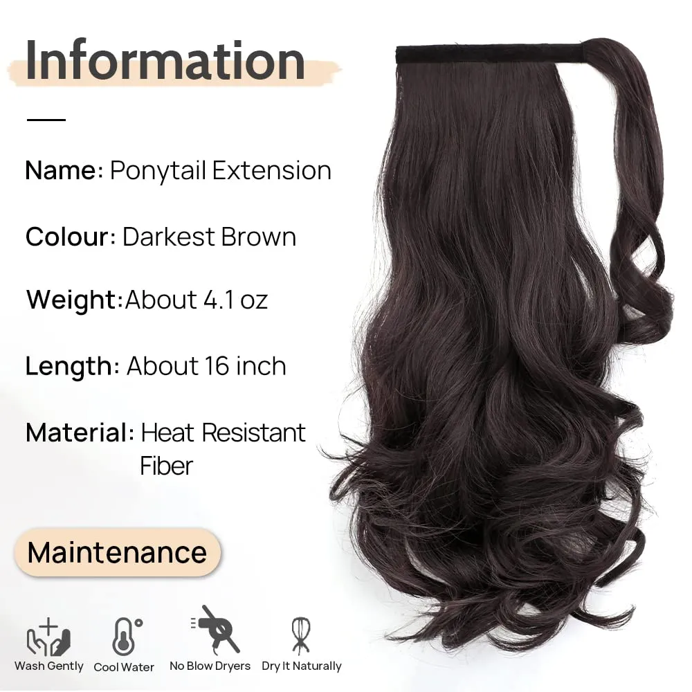 Wavy Ponytail Extension Wrap Around 16" Curly Synthetic Fake Pony Tail Wigs Extensions for Adults Women Girls Party Daily Use Heat Resistant Fluffy Clip in Hair Pieces 5 Oz Darkest Brown