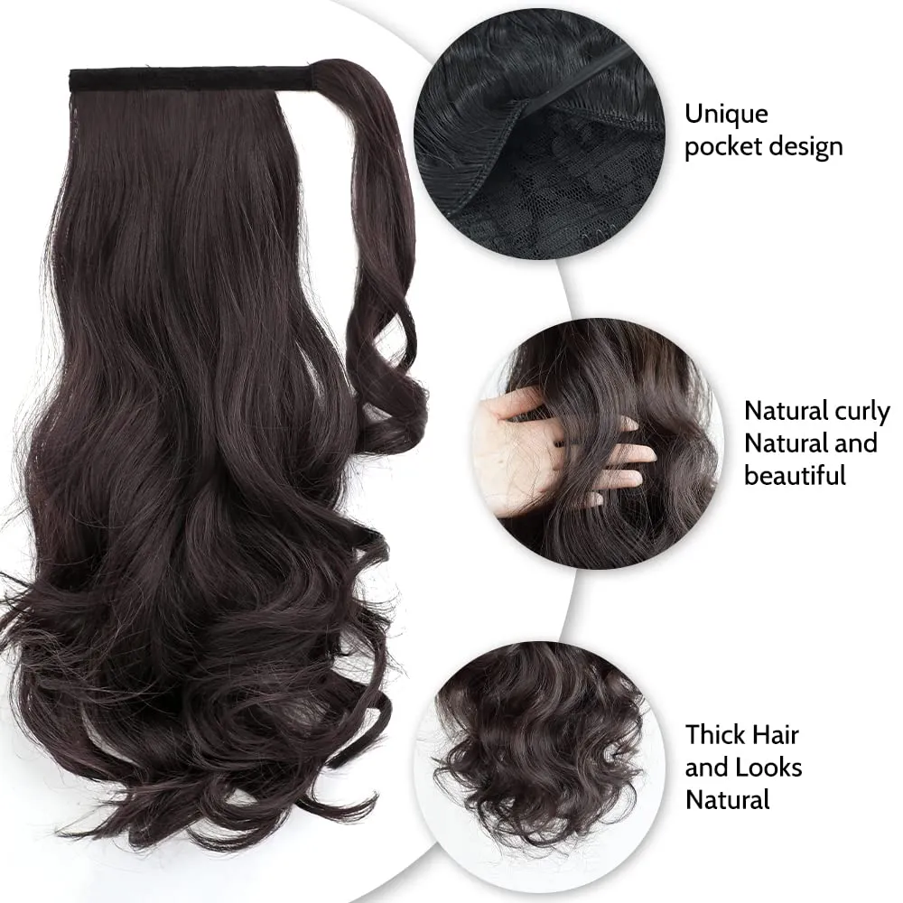 Wavy Ponytail Extension Wrap Around 16" Curly Synthetic Fake Pony Tail Wigs Extensions for Adults Women Girls Party Daily Use Heat Resistant Fluffy Clip in Hair Pieces 5 Oz Darkest Brown
