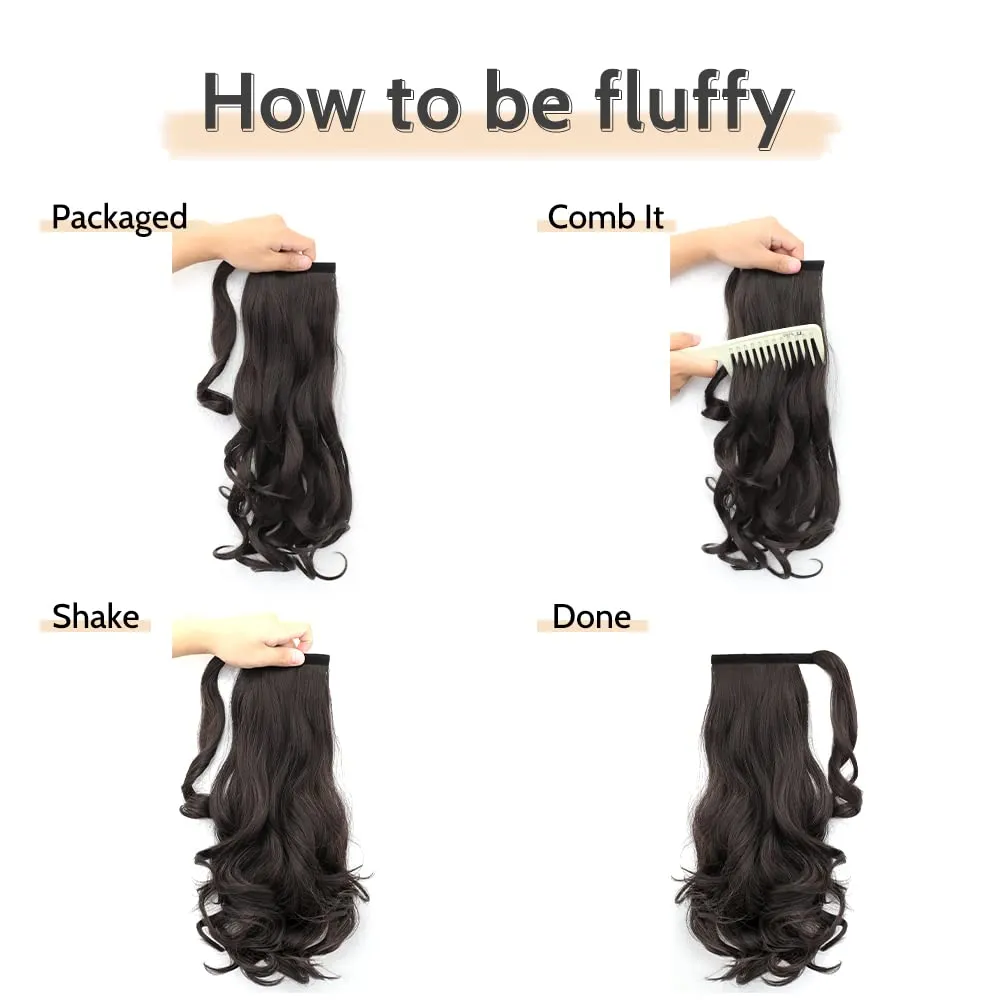 Wavy Ponytail Extension Wrap Around 16" Curly Synthetic Fake Pony Tail Wigs Extensions for Adults Women Girls Party Daily Use Heat Resistant Fluffy Clip in Hair Pieces 5 Oz Darkest Brown