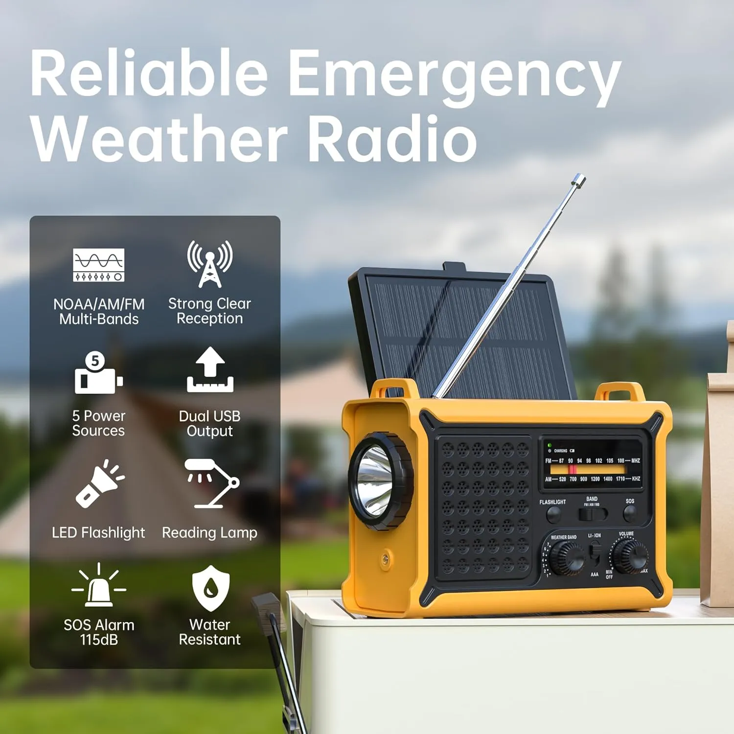 Weather Radios Portable AM FM NOAA Alert with Battery Backup 12000mAh 44400mWh, Fast Solar Power, Emergency Radio Hand Crank Flashlight, Reading Lamp SOS for Home Outdoor Camping