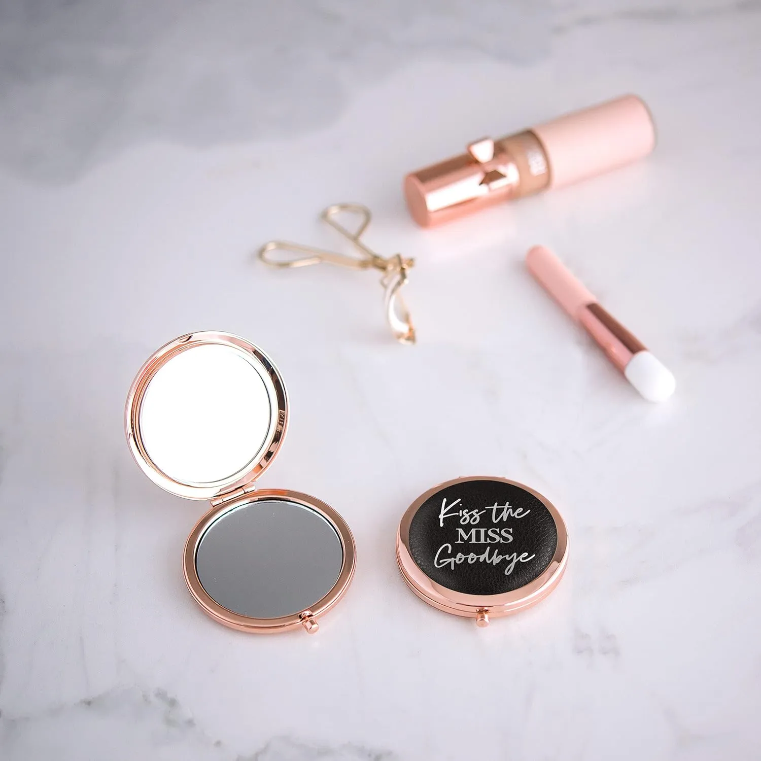 WEDDINGSTAR Custom Engraved Faux Leather Personalized Compact Mirror, Gold - Kiss The Miss Goodbye