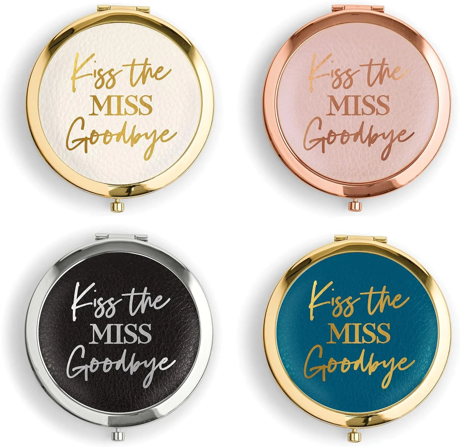 WEDDINGSTAR Custom Engraved Faux Leather Personalized Compact Mirror, Gold - Kiss The Miss Goodbye