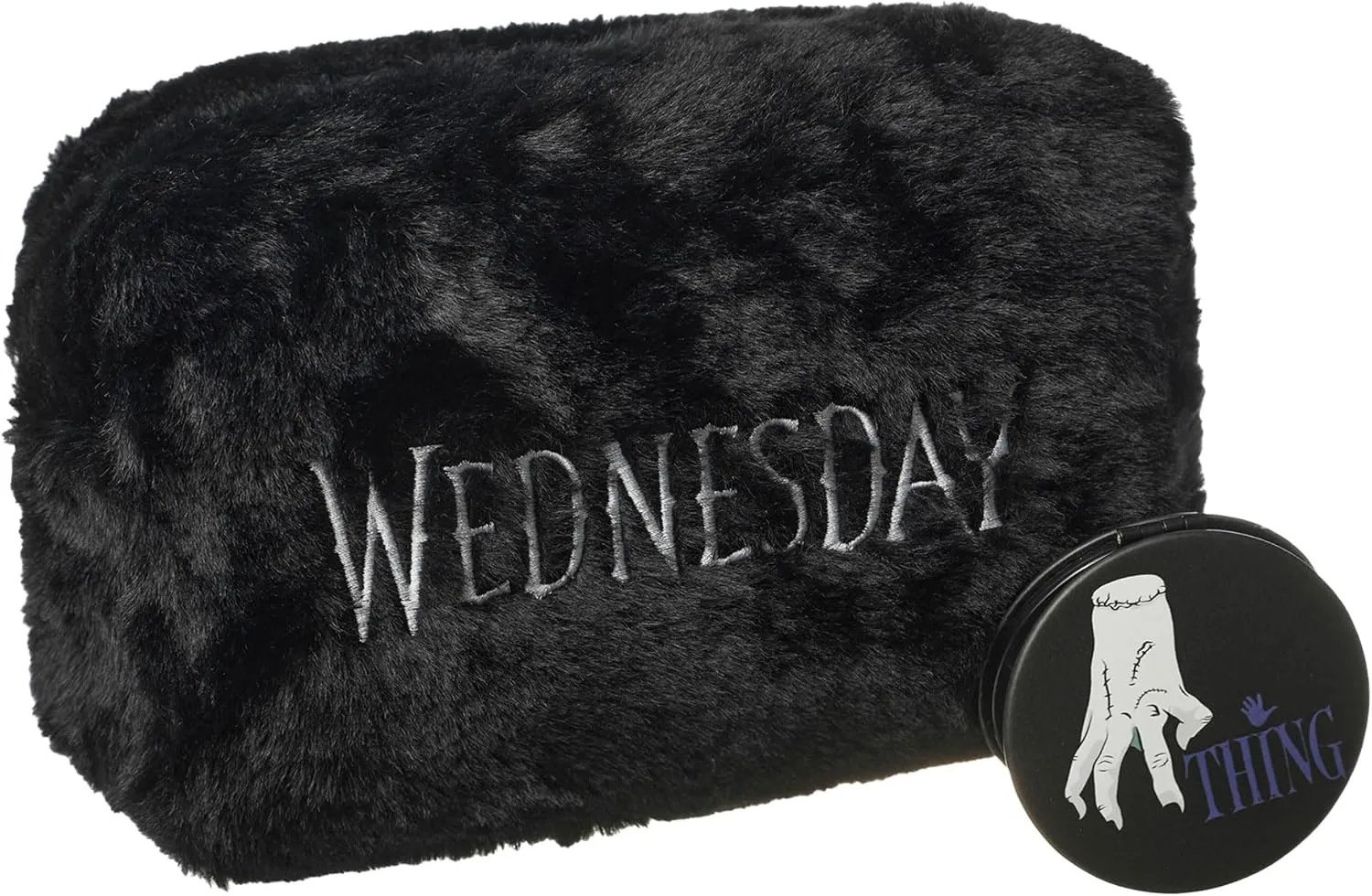Wednesday Make Up Bag & Mirror | Addams Cosmetic Zip Up Container with Portable Accessories | Ladies Makeup Travel Pouch for Women & Teens | Netflix Series Merchandise Apparel Gift, Black, One Size