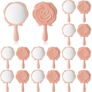 Wesiti 18 Pcs Handheld Compact Rose Design Princess Mirror Portable Makeup Mirror for Girls & Women Princess Party Favors Quinceanera Party Favors (Pink)