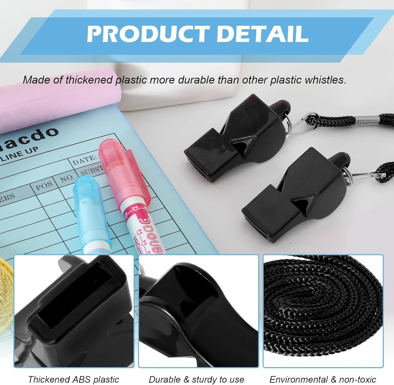 Whistle,Black Professional Sport Whistle Set with Lanyard - Loud Pea-Less Whistle for Coaches, Referees, Lifeguards and Police