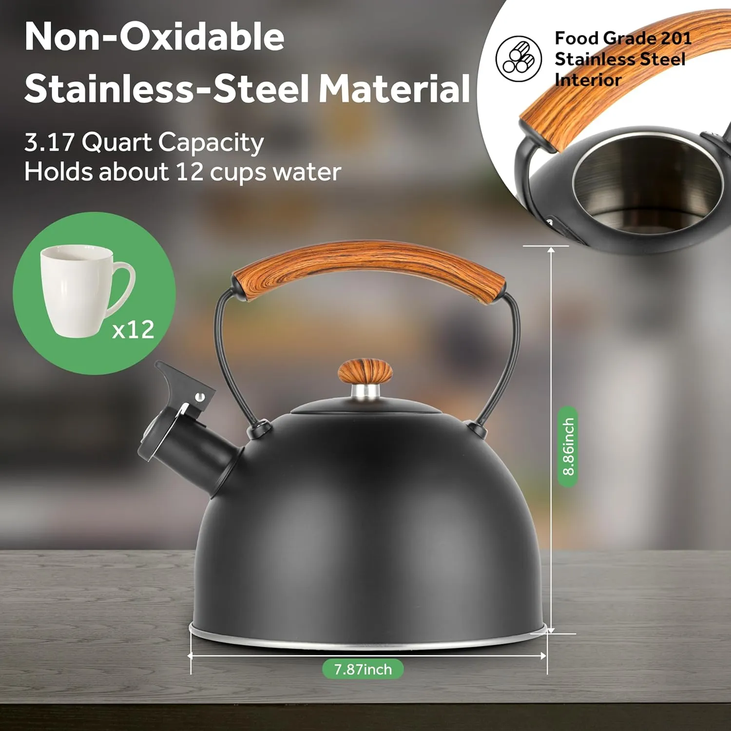 Whistling Stovetop Tea Kettle, 3.2 Quart Stainless Steel Teapot with Cool Touch Ergonomic Handle, Hot Water Fast to Boil, Black