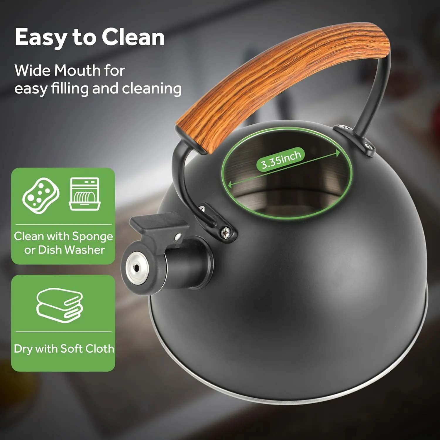 Whistling Stovetop Tea Kettle, 3.2 Quart Stainless Steel Teapot with Cool Touch Ergonomic Handle, Hot Water Fast to Boil, Black