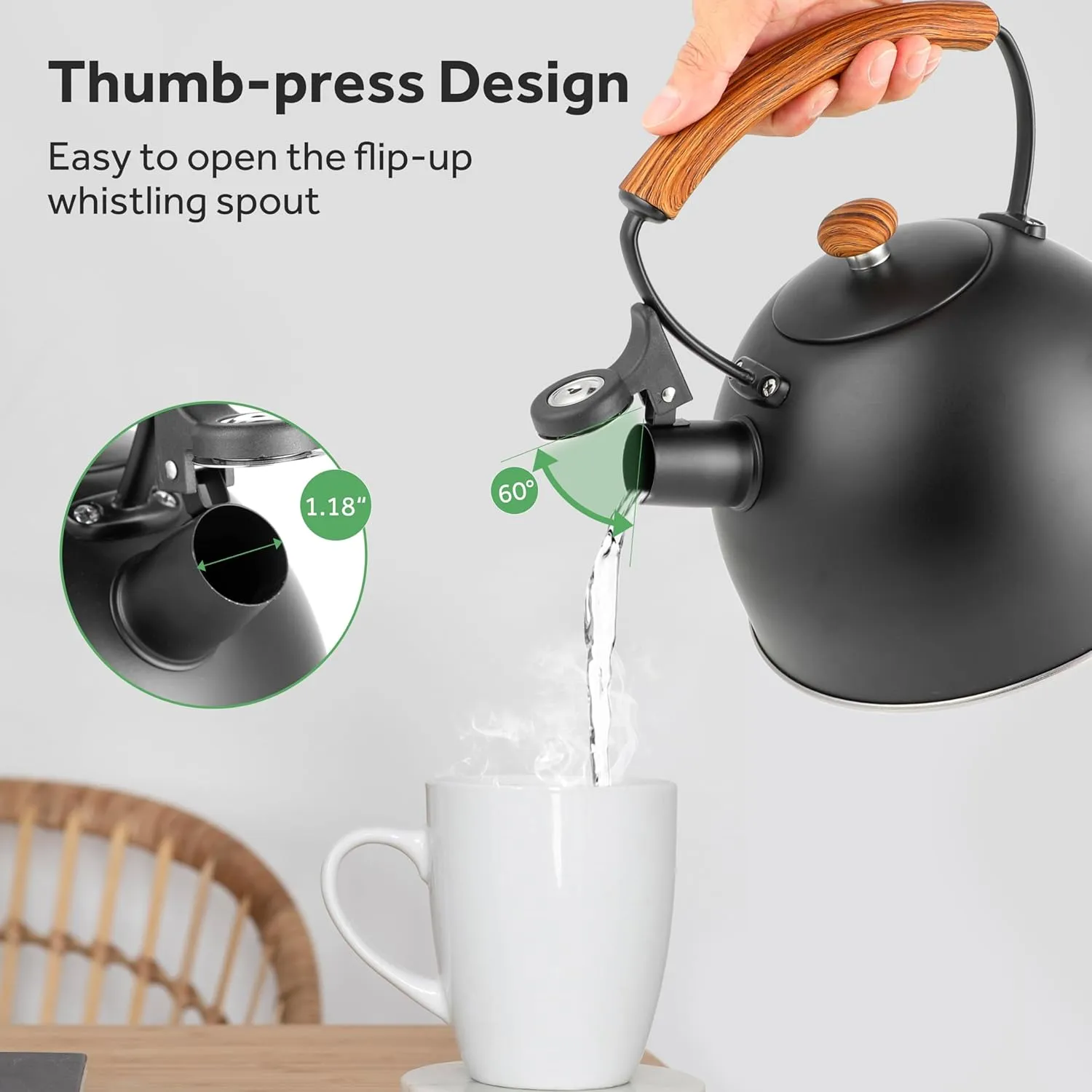 Whistling Stovetop Tea Kettle, 3.2 Quart Stainless Steel Teapot with Cool Touch Ergonomic Handle, Hot Water Fast to Boil, Black