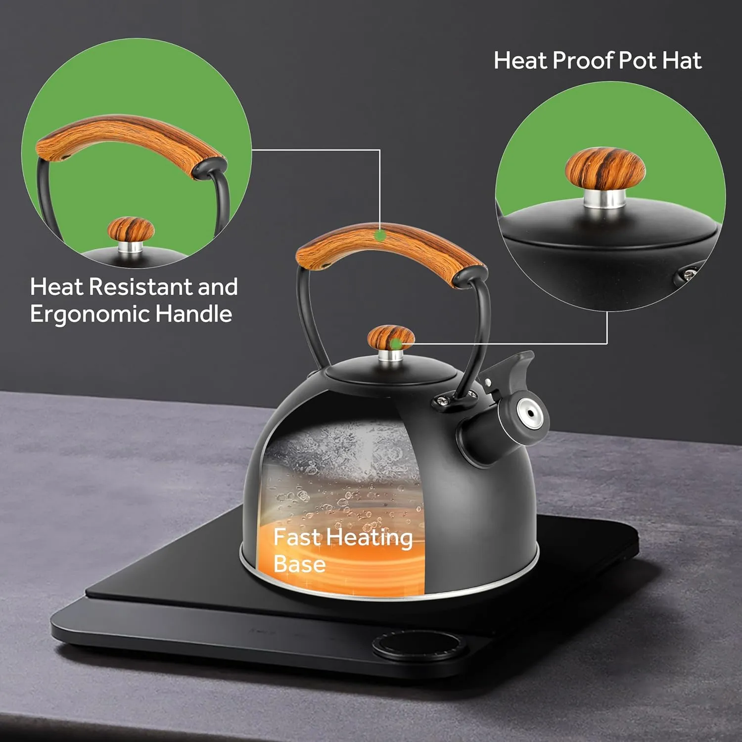 Whistling Stovetop Tea Kettle, 3.2 Quart Stainless Steel Teapot with Cool Touch Ergonomic Handle, Hot Water Fast to Boil, Black