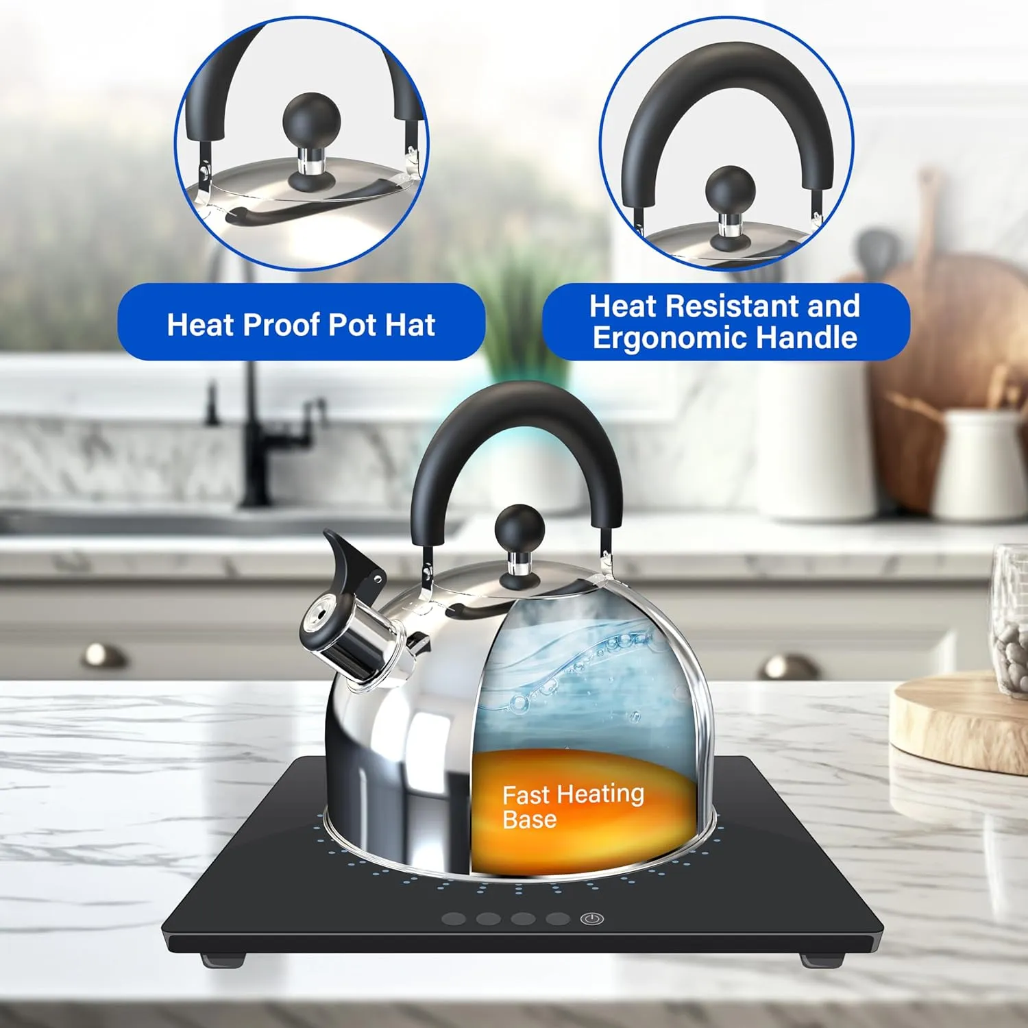 Whistling Stovetop Tea Kettle, 3.2 Quart Stainless Steel Teapot with Cool Touch Ergonomic Handle, Hot Water Fast to Boil, Silver