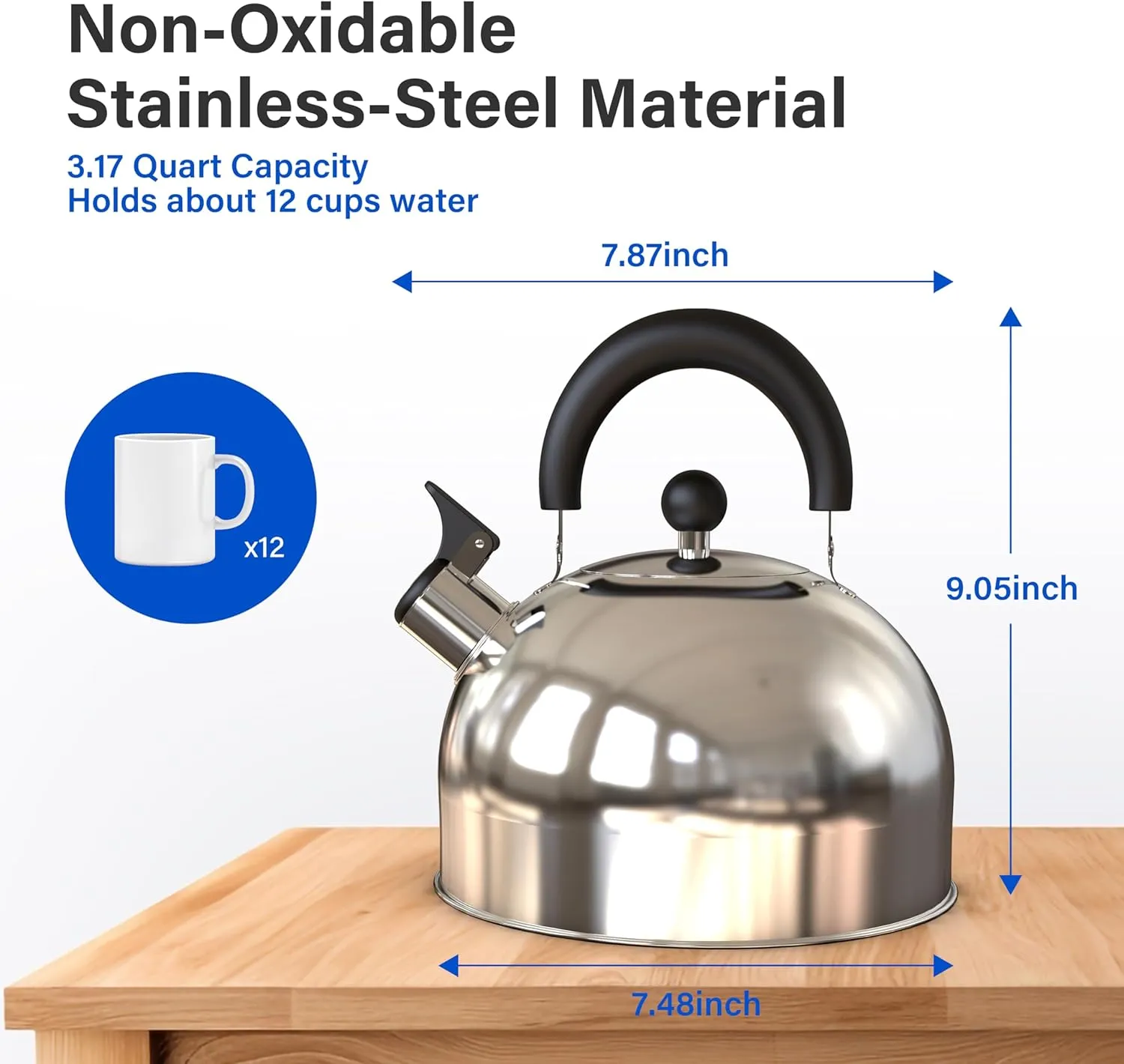 Whistling Stovetop Tea Kettle, 3.2 Quart Stainless Steel Teapot with Cool Touch Ergonomic Handle, Hot Water Fast to Boil, Silver