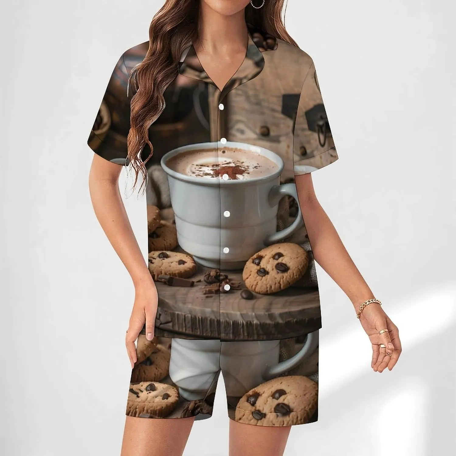 White Coffee Cup with Foam And Biscuits Women's Satin Pajama Set Short Sleeve Button Down Sleepwear Loungewear Pj Set