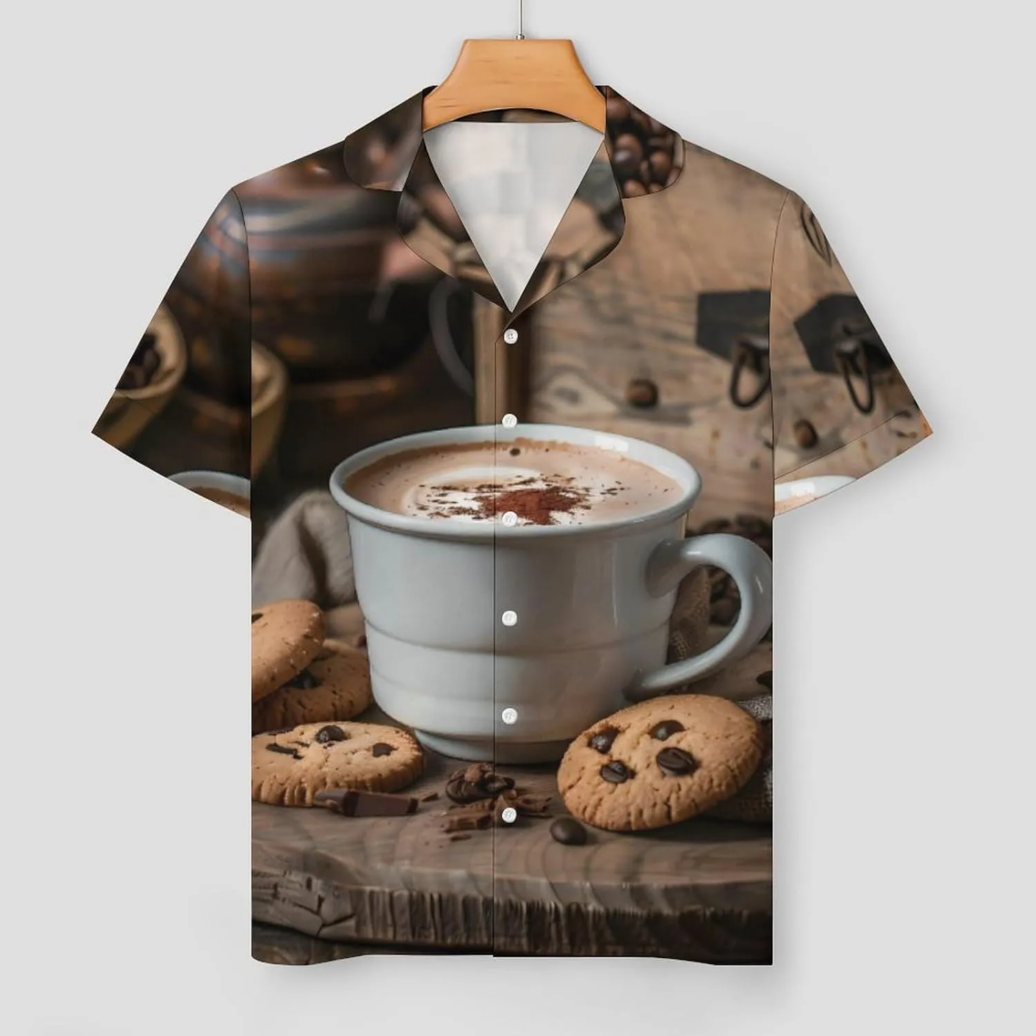 White Coffee Cup with Foam And Biscuits Women's Satin Pajama Set Short Sleeve Button Down Sleepwear Loungewear Pj Set