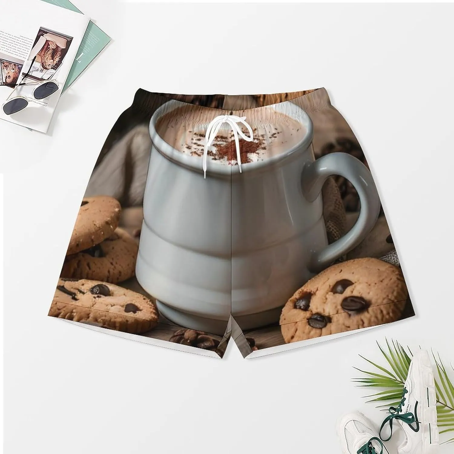 White Coffee Cup with Foam And Biscuits Women's Satin Pajama Set Short Sleeve Button Down Sleepwear Loungewear Pj Set