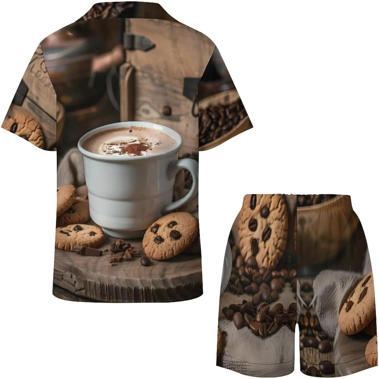 White Coffee Cup with Foam And Biscuits Women's Satin Pajama Set Short Sleeve Button Down Sleepwear Loungewear Pj Set