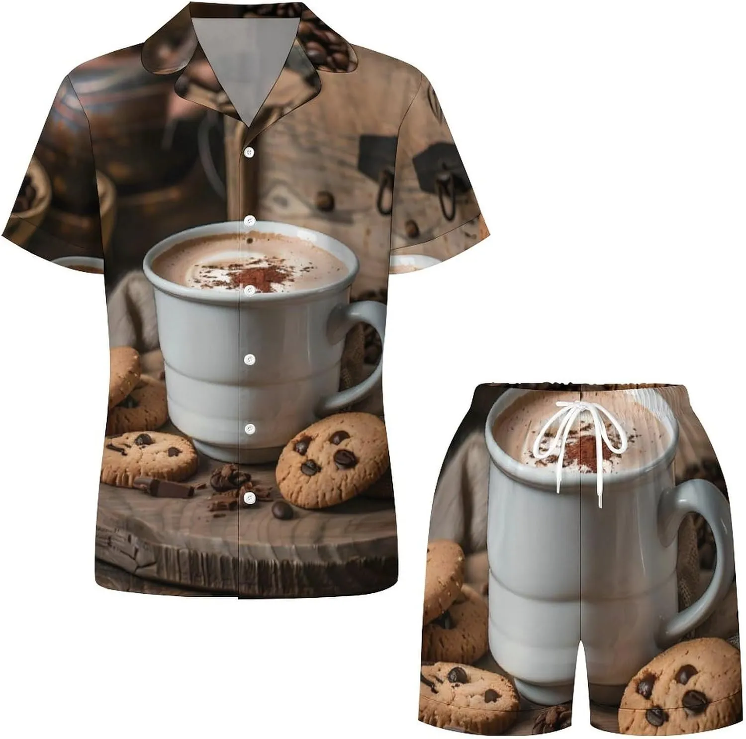 White Coffee Cup with Foam And Biscuits Women's Satin Pajama Set Short Sleeve Button Down Sleepwear Loungewear Pj Set