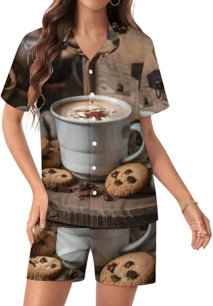 White Coffee Cup with Foam And Biscuits Women's Satin Pajama Set Short Sleeve Button Down Sleepwear Loungewear Pj Set
