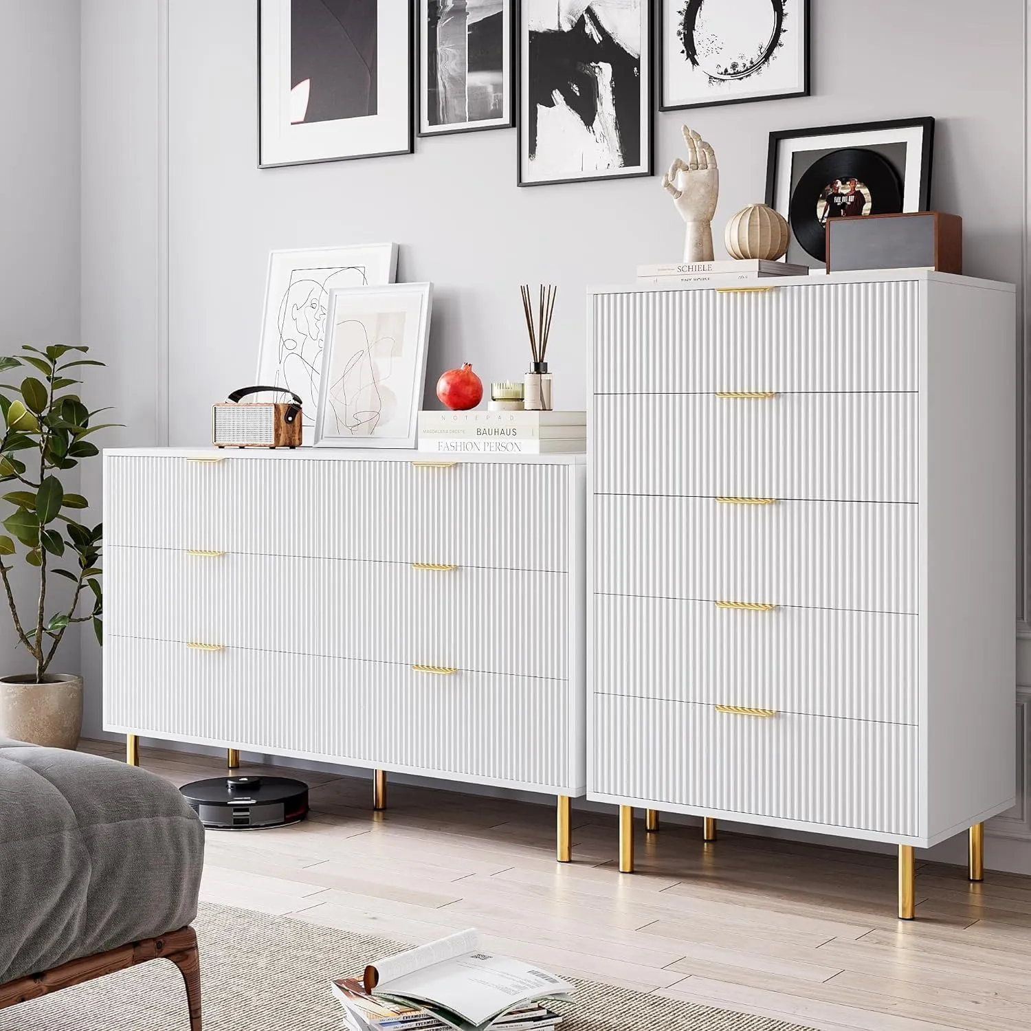 White Dresser, Modern 6 Drawer Dresser for Bedroom with Gold Handle and Large Drawer, Wood Double Chest of Drawers and Storage Organizer for Living Room, Hallway, Entryway