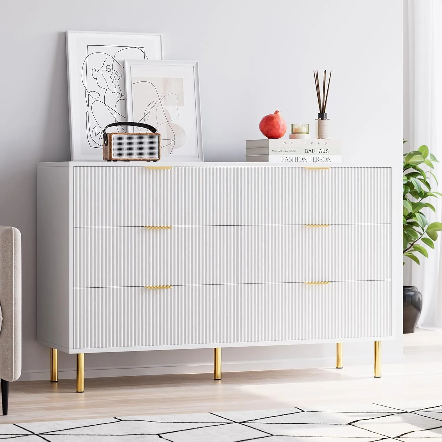 White Dresser, Modern 6 Drawer Dresser for Bedroom with Gold Handle and Large Drawer, Wood Double Chest of Drawers and Storage Organizer for Living Room, Hallway, Entryway