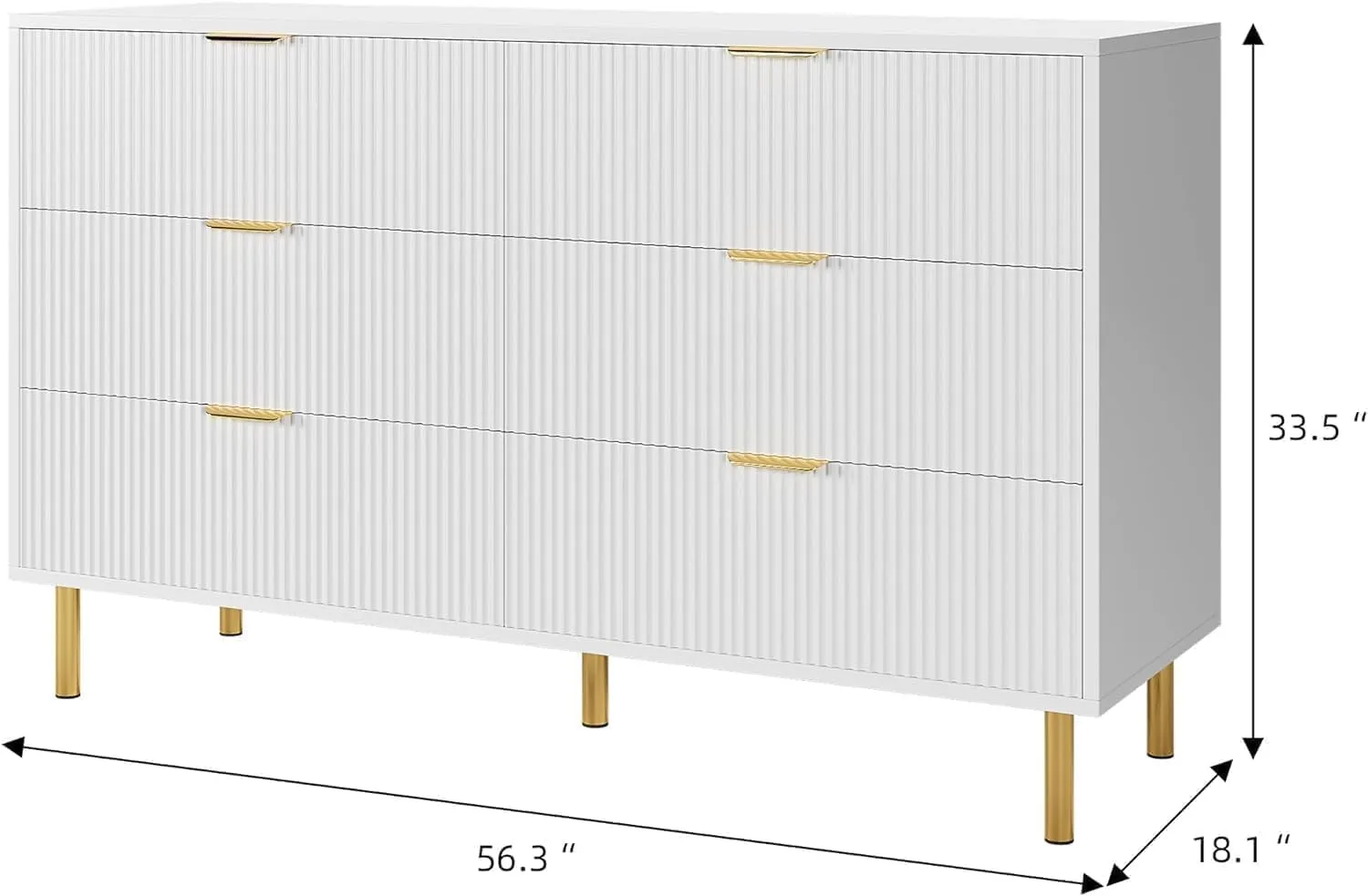 White Dresser, Modern 6 Drawer Dresser for Bedroom with Gold Handle and Large Drawer, Wood Double Chest of Drawers and Storage Organizer for Living Room, Hallway, Entryway