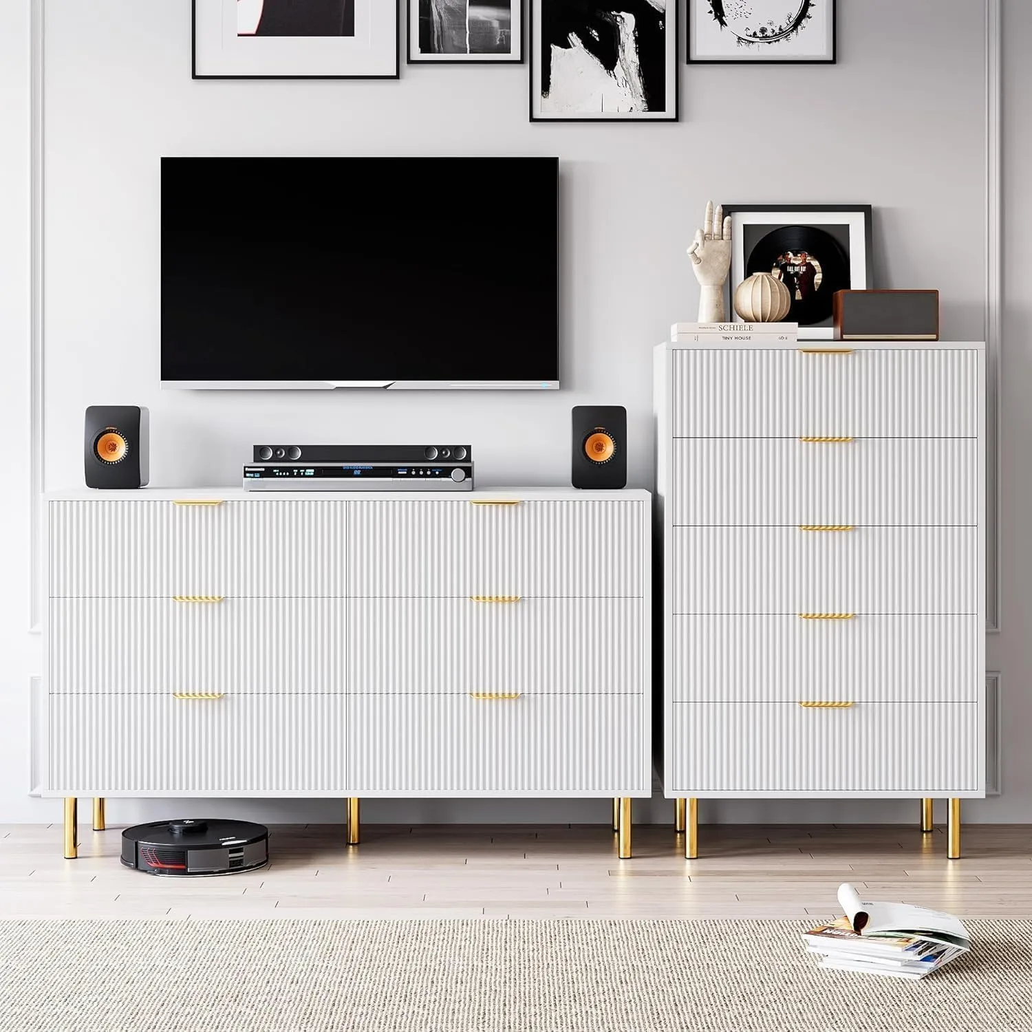 White Dresser, Modern 6 Drawer Dresser for Bedroom with Gold Handle and Large Drawer, Wood Double Chest of Drawers and Storage Organizer for Living Room, Hallway, Entryway