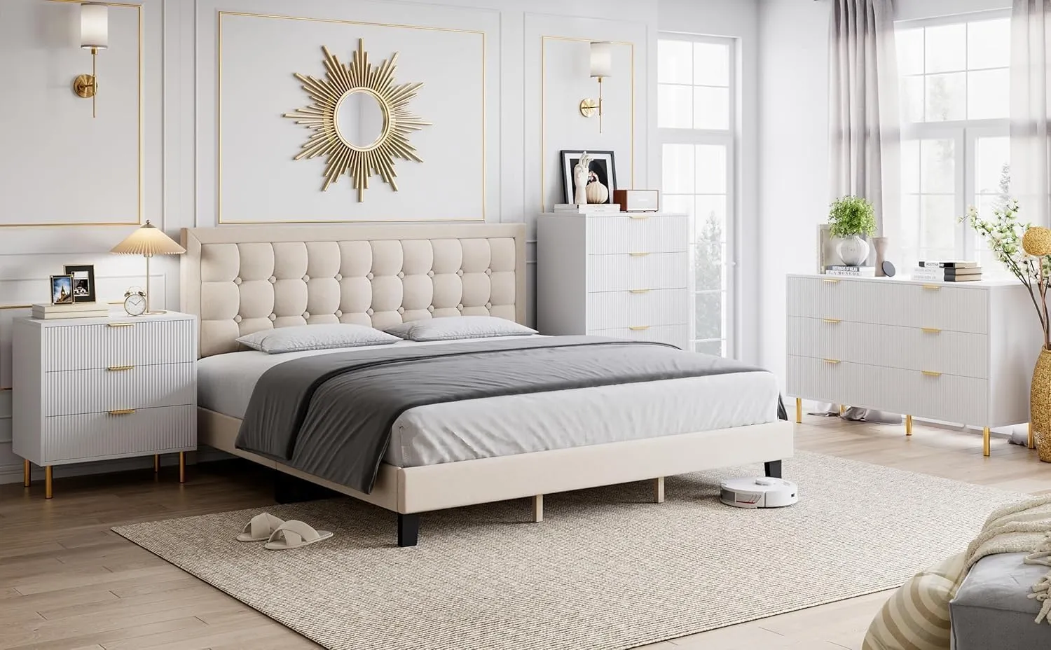 White Dresser, Modern 6 Drawer Dresser for Bedroom with Gold Handle and Large Drawer, Wood Double Chest of Drawers and Storage Organizer for Living Room, Hallway, Entryway