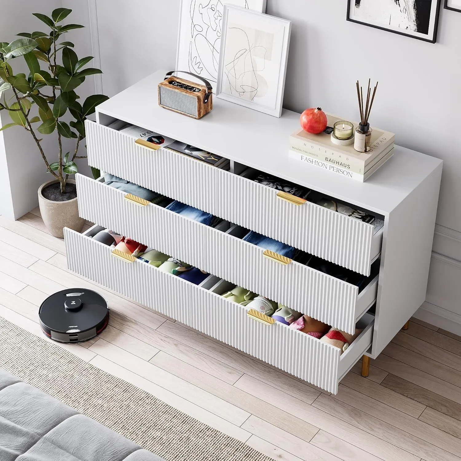 White Dresser, Modern 6 Drawer Dresser for Bedroom with Gold Handle and Large Drawer, Wood Double Chest of Drawers and Storage Organizer for Living Room, Hallway, Entryway