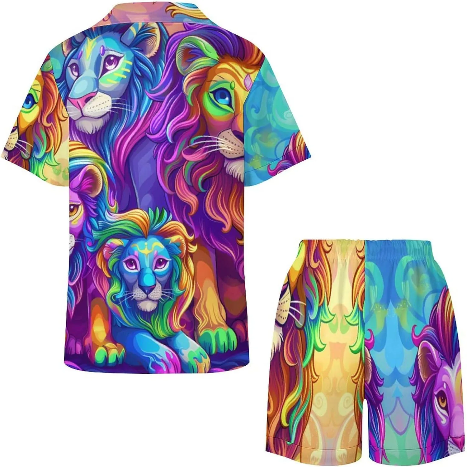 Wild Animals Lion Women's Satin Pajama Set Short Sleeve Button Down Sleepwear Loungewear Pj Set