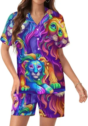 Wild Animals Lion Women's Satin Pajama Set Short Sleeve Button Down Sleepwear Loungewear Pj Set