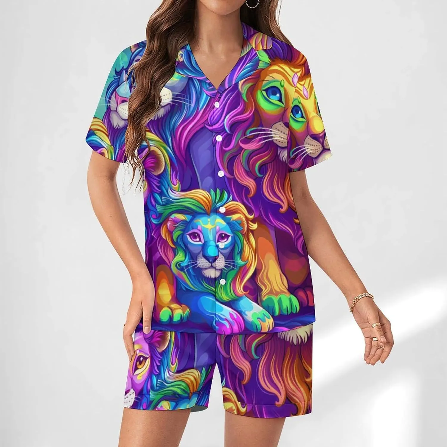 Wild Animals Lion Women's Satin Pajama Set Short Sleeve Button Down Sleepwear Loungewear Pj Set