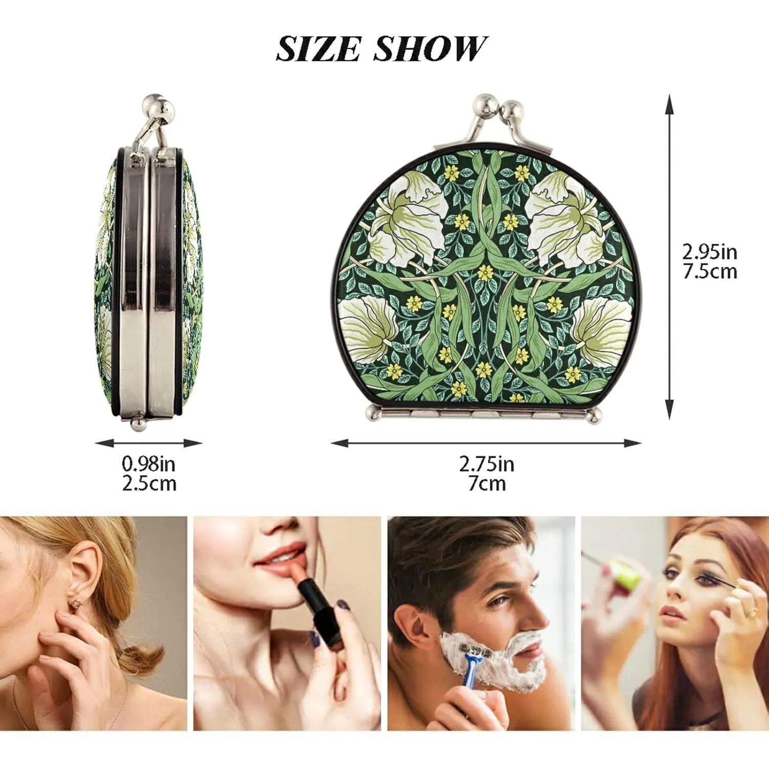 William Morris White Flowers, Yellow Flowers, Green Foliage Leaves Compact Mirror Portable Folding Travel Makeup Mirror 1X/2X Magnification for Travel Women Men Girls Lady Pocket Purse Handbag