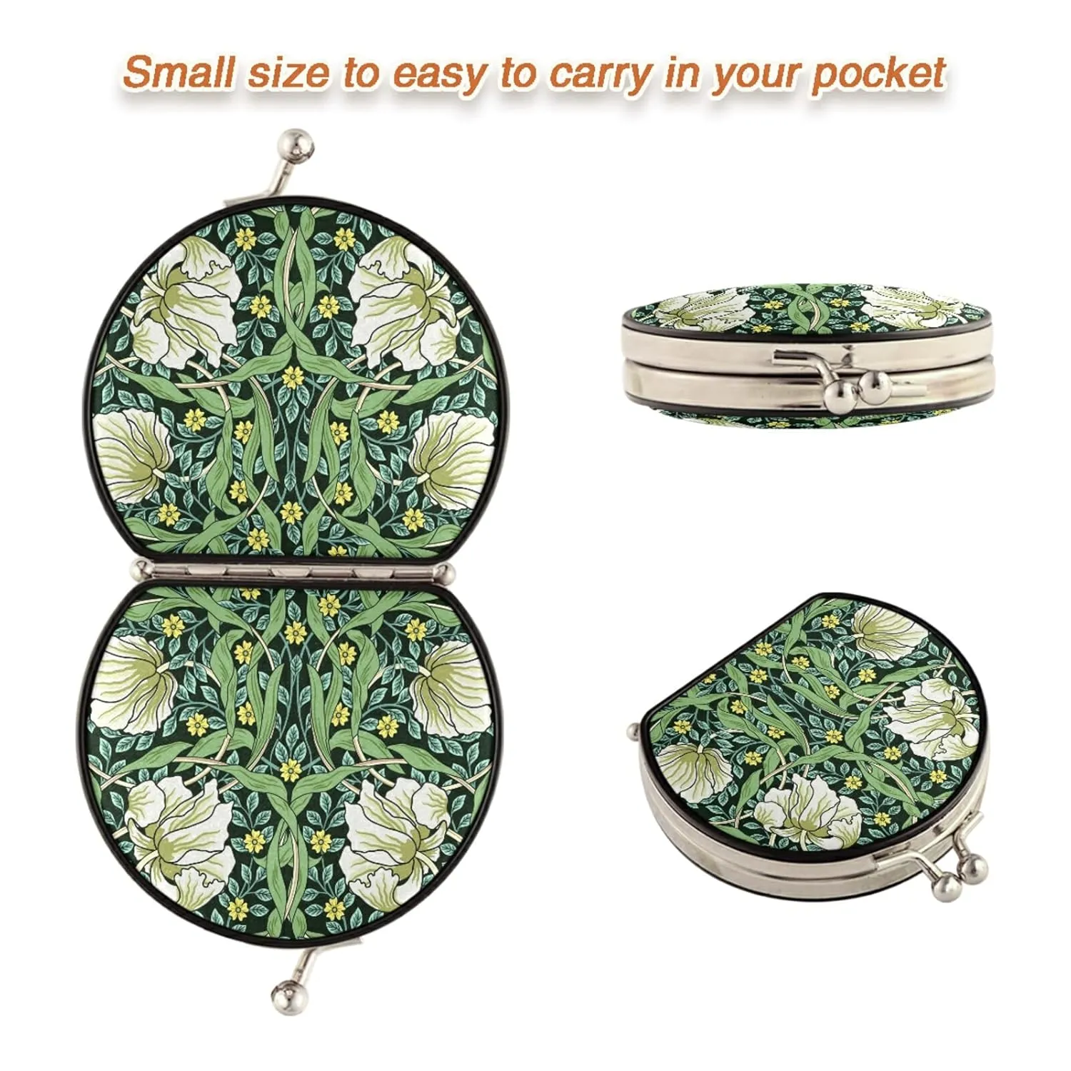 William Morris White Flowers, Yellow Flowers, Green Foliage Leaves Compact Mirror Portable Folding Travel Makeup Mirror 1X/2X Magnification for Travel Women Men Girls Lady Pocket Purse Handbag