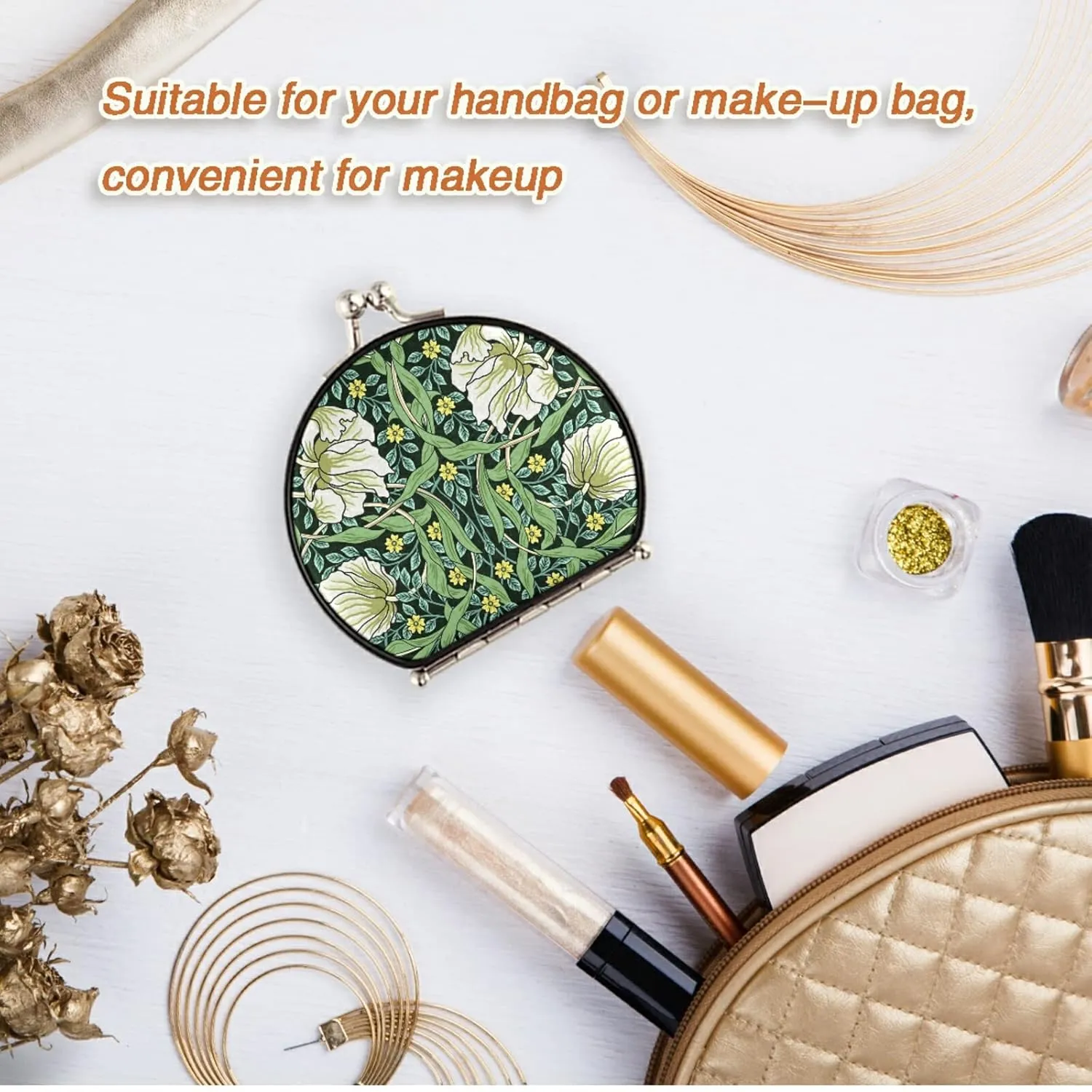 William Morris White Flowers, Yellow Flowers, Green Foliage Leaves Compact Mirror Portable Folding Travel Makeup Mirror 1X/2X Magnification for Travel Women Men Girls Lady Pocket Purse Handbag