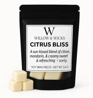 Willow & Wicks Citrus Bliss Wax Melts | Bright Citrus Scent with Mandarin, Lemon & Limoncello | Soy Wax | Essential Oil Infused | Phthalate-Free | 3.4 oz Resealable Bag