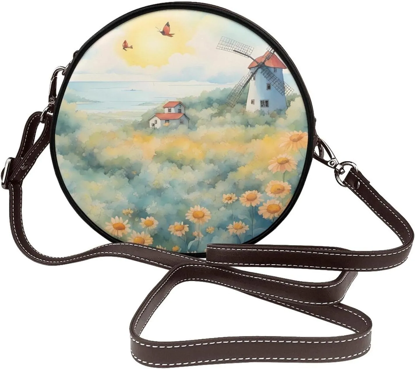 Windmill In The Sea Of Flowers Removable Shoulder Strap Waterproof Leather Shoulder Round Bag Crossbody Bag Travel Shopping Dating Handbag Purse