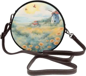 Windmill In The Sea Of Flowers Removable Shoulder Strap Waterproof Leather Shoulder Round Bag Crossbody Bag Travel Shopping Dating Handbag Purse