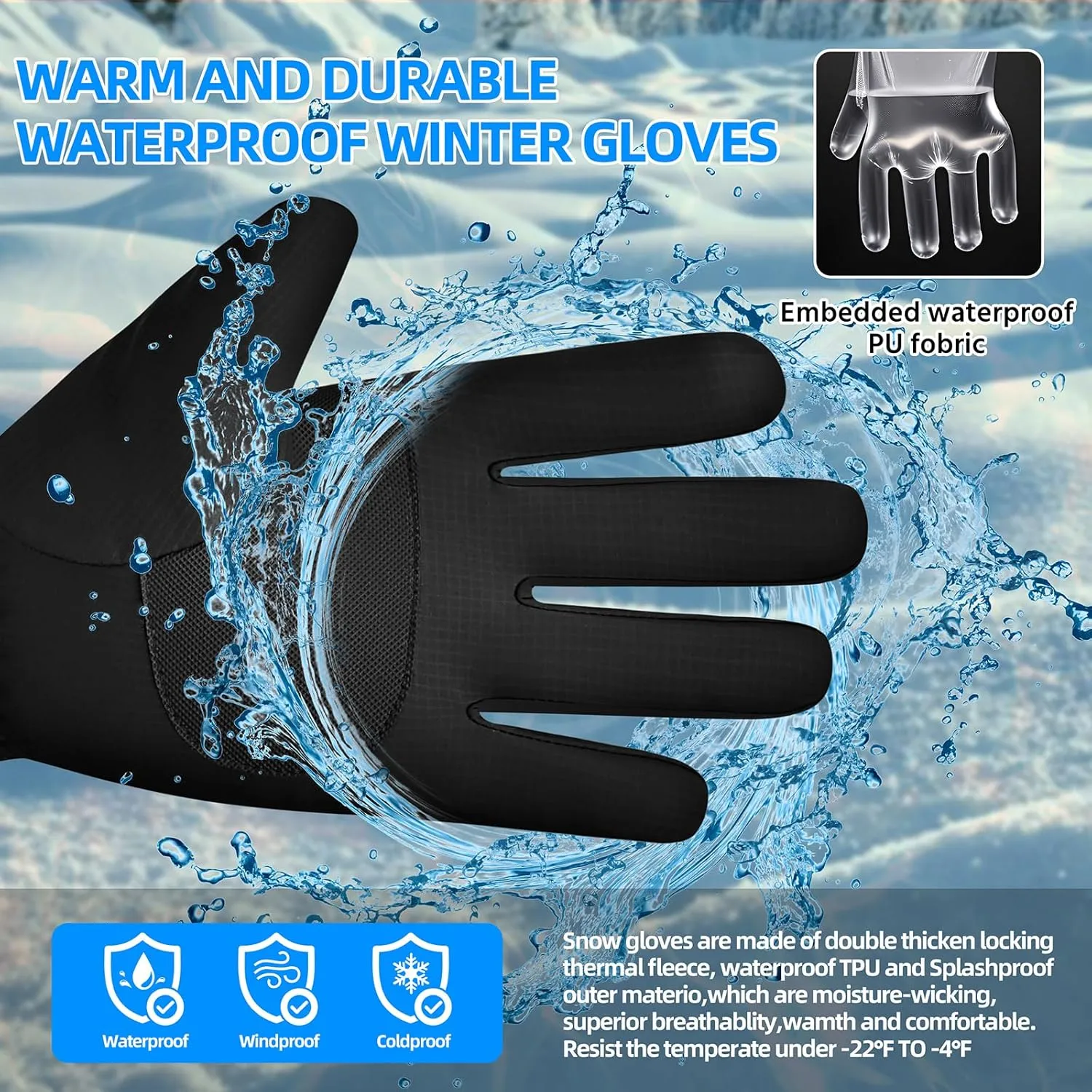 Winter Waterproof Ski Gloves for Kids, Men and Women - Perfect Cold Weather Gloves for Cycling, Driving, Running
