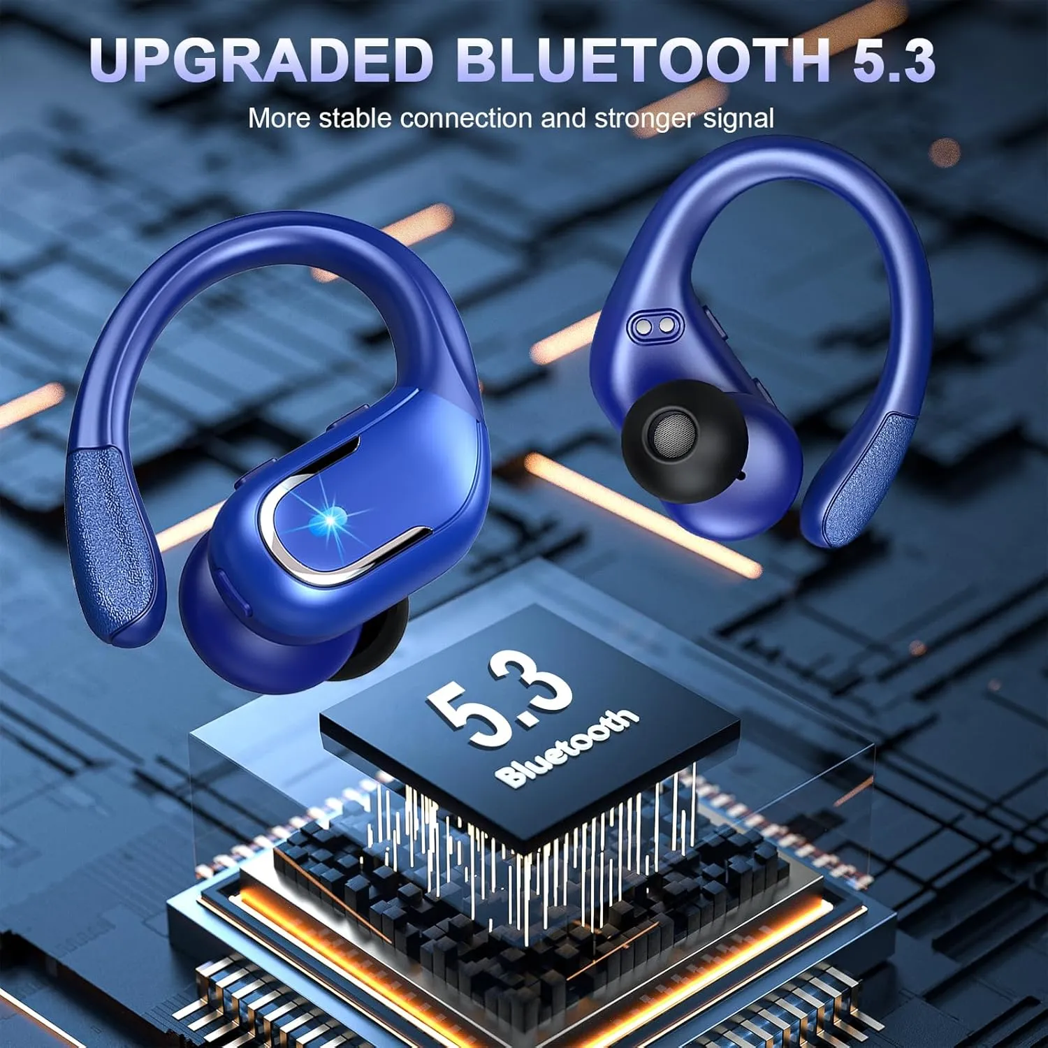 Wireless Earbuds, 75Hrs Bluetooth 5.3 Headphones Sport, Bluetooth Earbuds with ENC Noise Canceling Mic, Bass Stereo Wireless Earphones, IP7 Waterproof Over Ear Buds with Earhooks for iOS/Android, Blue