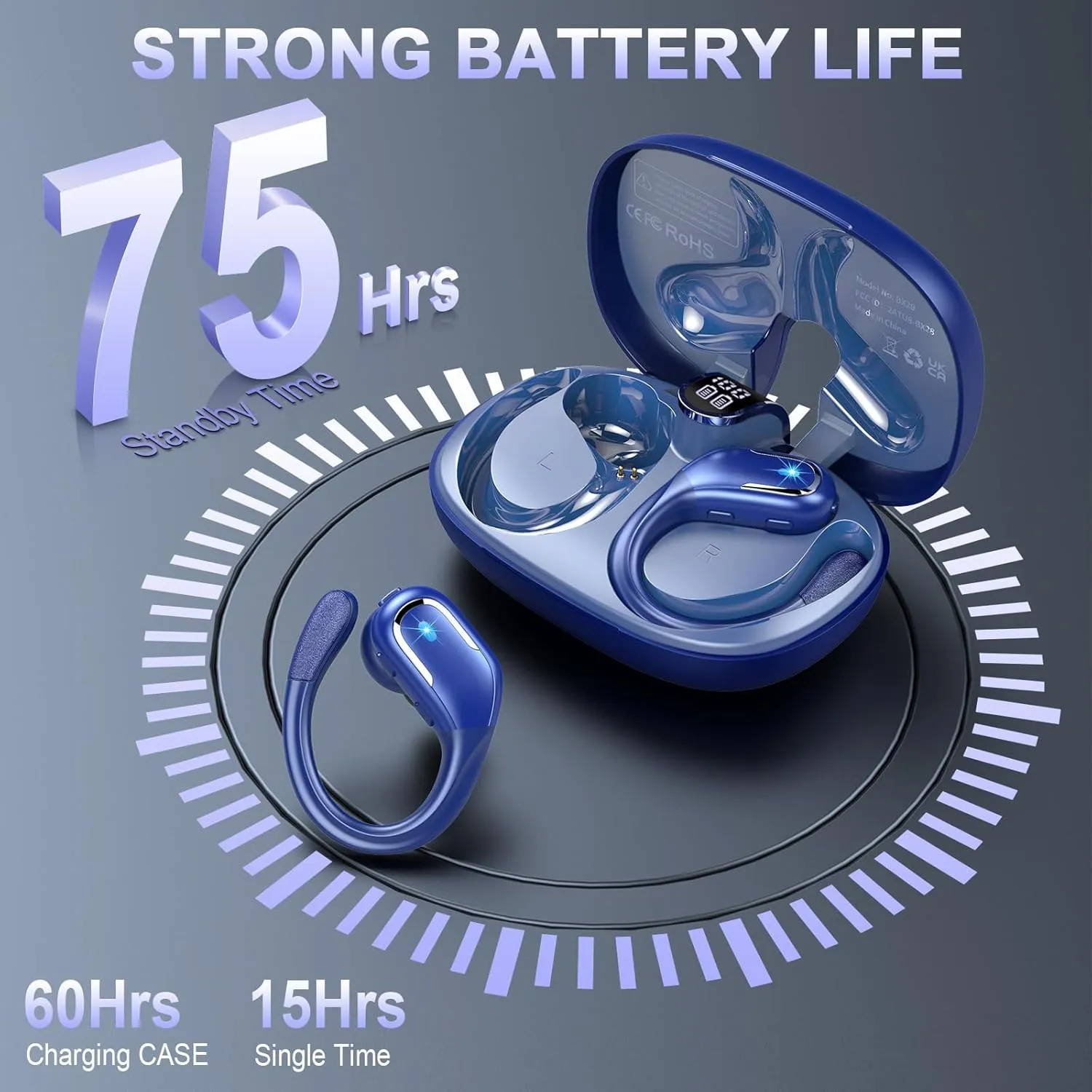 Wireless Earbuds, 75Hrs Bluetooth 5.3 Headphones Sport, Bluetooth Earbuds with ENC Noise Canceling Mic, Bass Stereo Wireless Earphones, IP7 Waterproof Over Ear Buds with Earhooks for iOS/Android, Blue