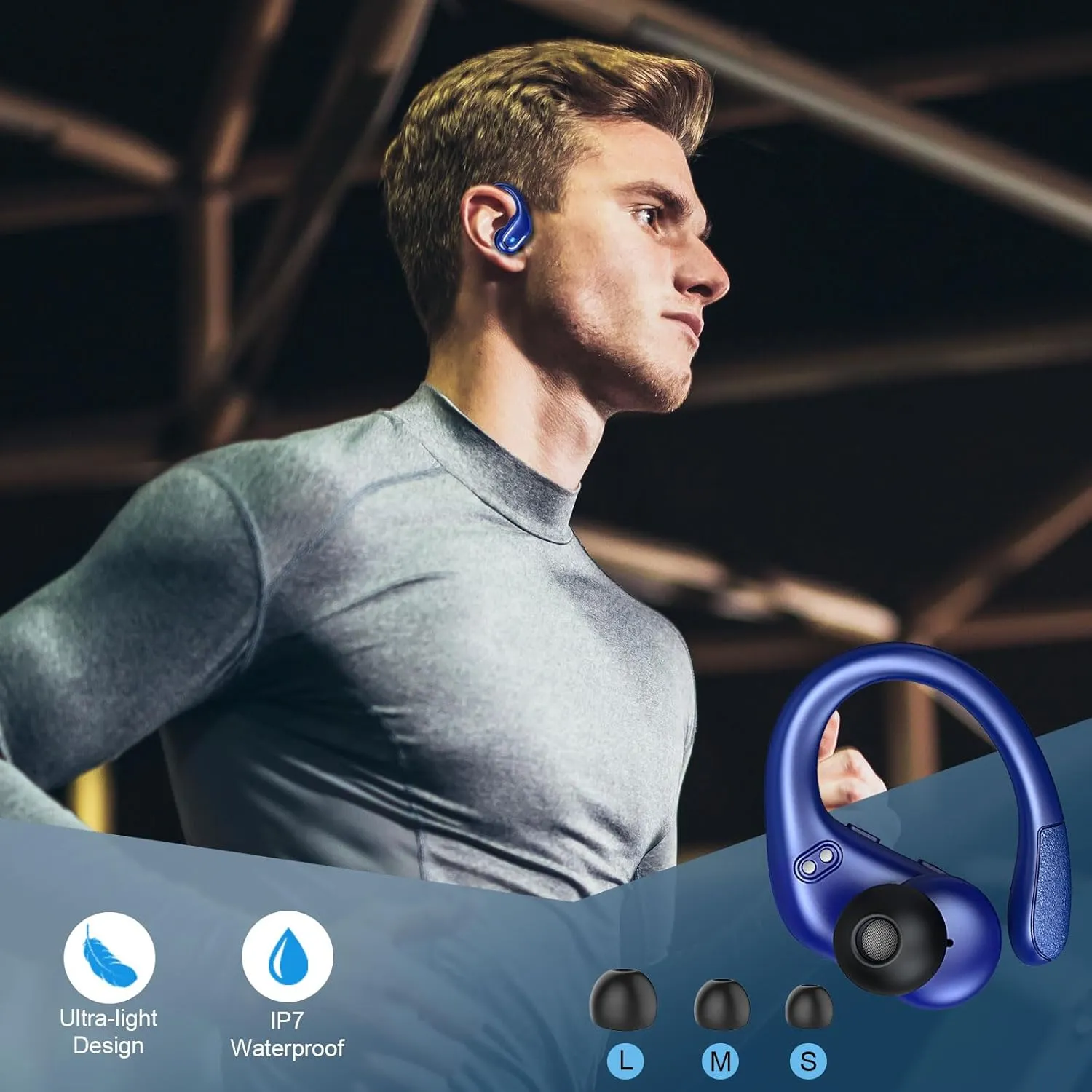 Wireless Earbuds, 75Hrs Bluetooth 5.3 Headphones Sport, Bluetooth Earbuds with ENC Noise Canceling Mic, Bass Stereo Wireless Earphones, IP7 Waterproof Over Ear Buds with Earhooks for iOS/Android, Blue