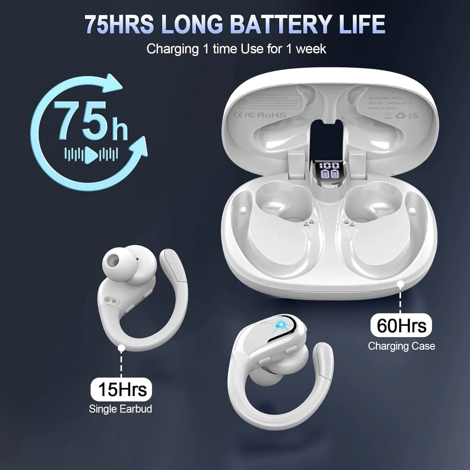 Wireless Earbuds, 75Hrs Bluetooth 5.3 Headphones Sport, Bluetooth Earbuds with ENC Noise Canceling Mic, Bass Stereo Wireless Earphones IP7 Waterproof Over Ear Buds with Earhooks for iOS/Android, White