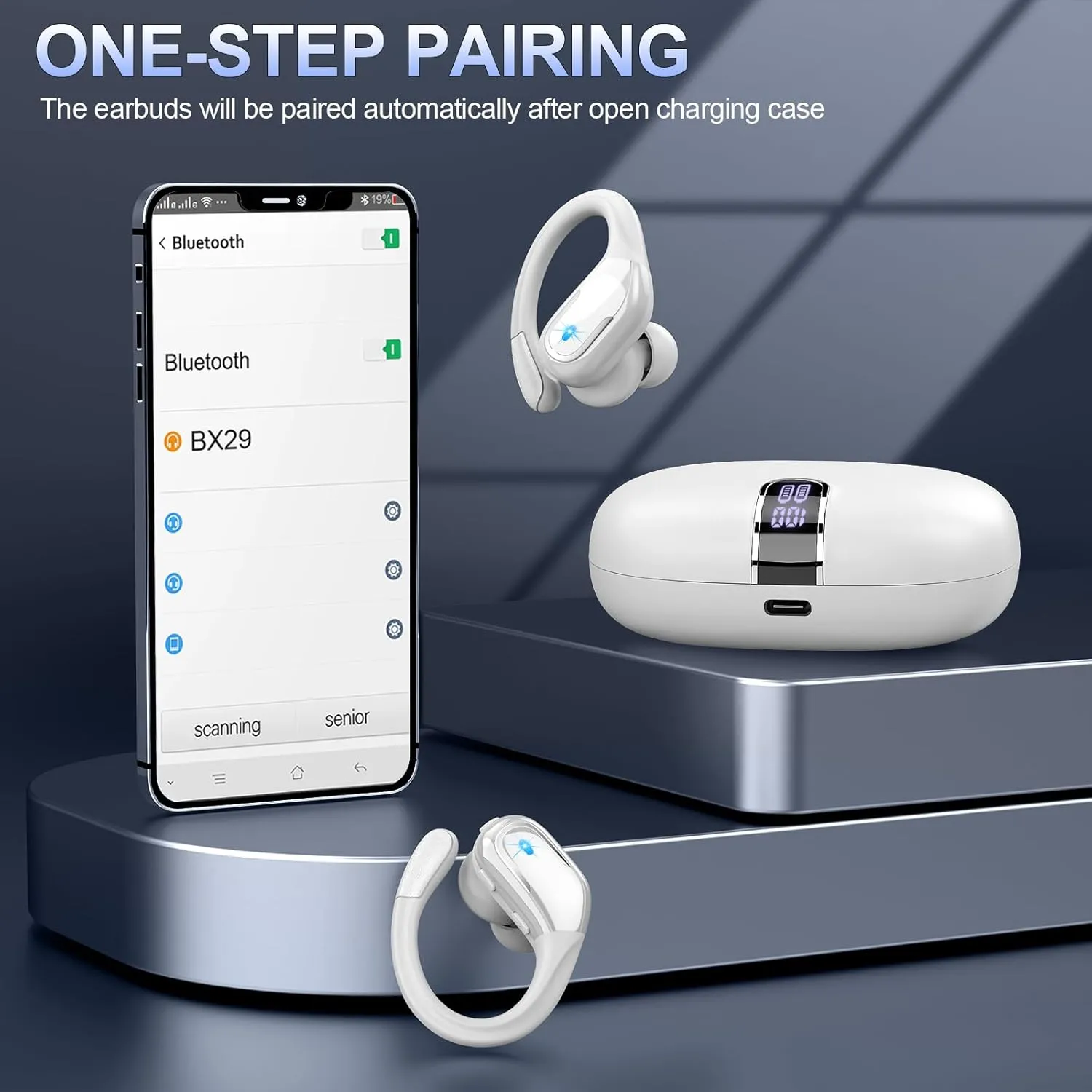 Wireless Earbuds, 75Hrs Bluetooth 5.3 Headphones Sport, Bluetooth Earbuds with ENC Noise Canceling Mic, Bass Stereo Wireless Earphones IP7 Waterproof Over Ear Buds with Earhooks for iOS/Android, White