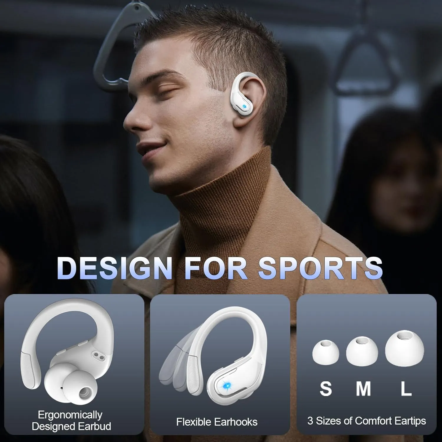 Wireless Earbuds, 75Hrs Bluetooth 5.3 Headphones Sport, Bluetooth Earbuds with ENC Noise Canceling Mic, Bass Stereo Wireless Earphones IP7 Waterproof Over Ear Buds with Earhooks for iOS/Android, White
