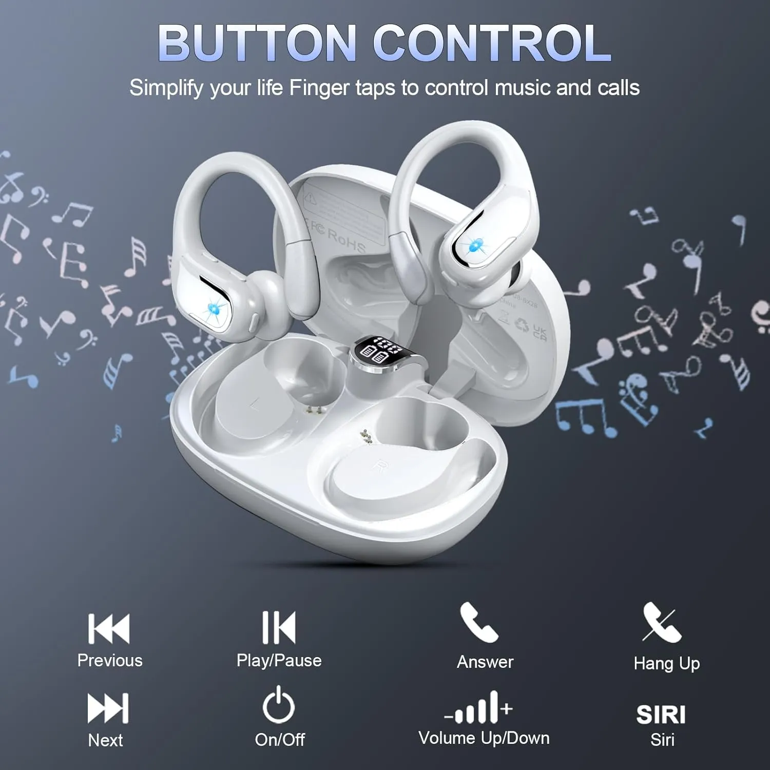 Wireless Earbuds, 75Hrs Bluetooth 5.3 Headphones Sport, Bluetooth Earbuds with ENC Noise Canceling Mic, Bass Stereo Wireless Earphones IP7 Waterproof Over Ear Buds with Earhooks for iOS/Android, White