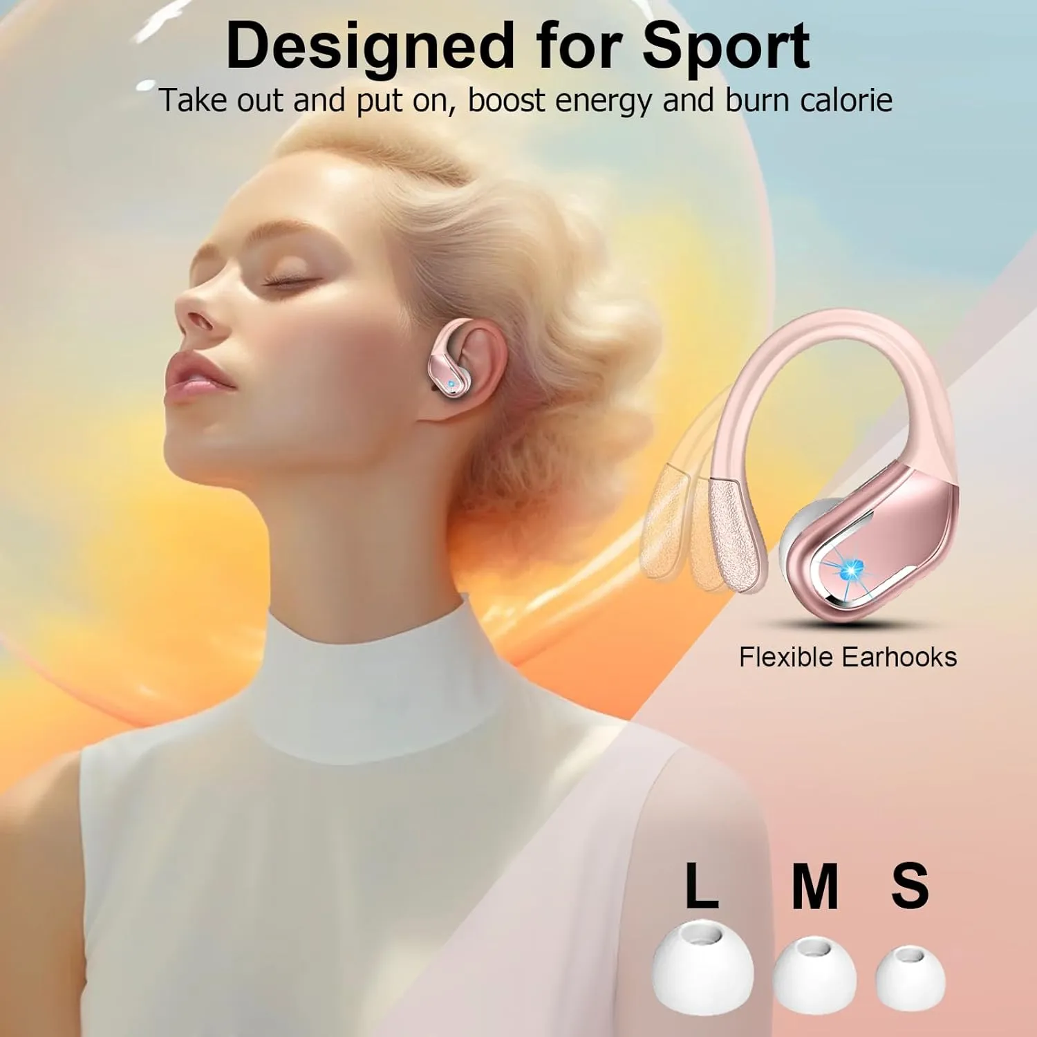 Wireless Earbuds, 75Hrs Bluetooth 5.4 Headphones Sport, Bluetooth Earbuds with ENC Noise Canceling Mic, Bass Stereo Wireless Earphones IP7 Waterproof Over Ear Buds with Earhooks for Running, Rose Gold