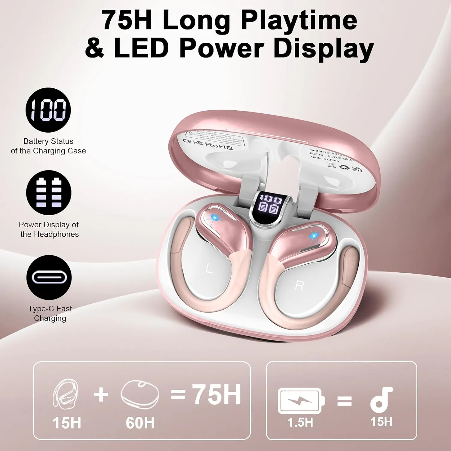 Wireless Earbuds, 75Hrs Bluetooth 5.4 Headphones Sport, Bluetooth Earbuds with ENC Noise Canceling Mic, Bass Stereo Wireless Earphones IP7 Waterproof Over Ear Buds with Earhooks for Running, Rose Gold