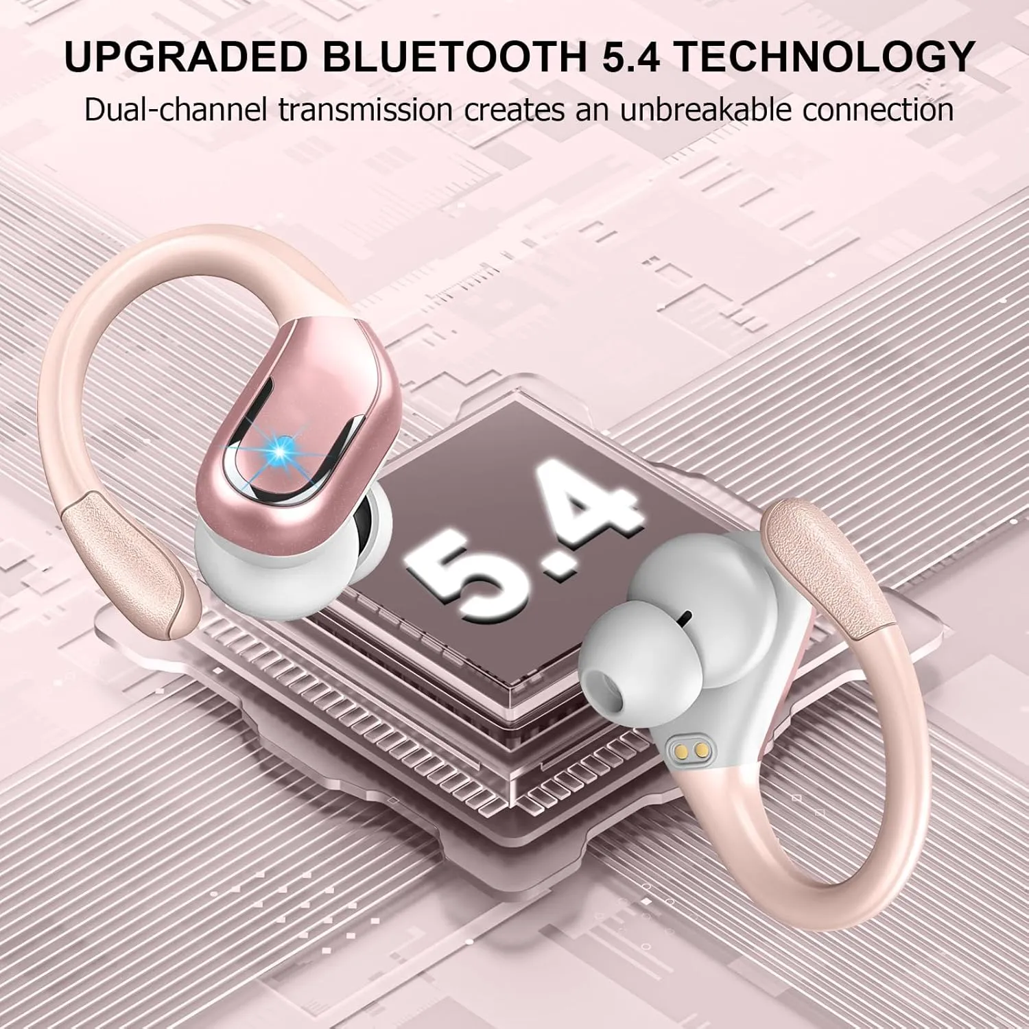 Wireless Earbuds, 75Hrs Bluetooth 5.4 Headphones Sport, Bluetooth Earbuds with ENC Noise Canceling Mic, Bass Stereo Wireless Earphones IP7 Waterproof Over Ear Buds with Earhooks for Running, Rose Gold