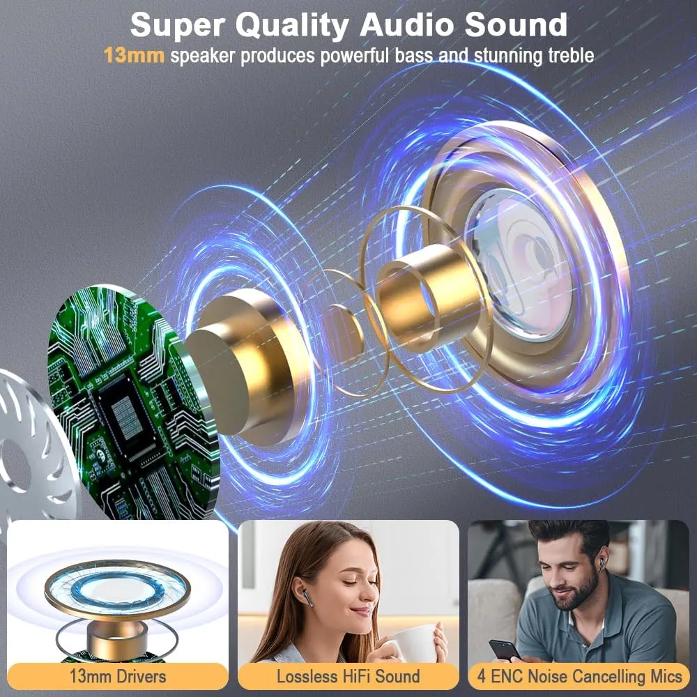 Wireless Earbuds, Bluetooth Headphones V5.4 Stereo Bass Ear Buds with ENC Noise Cancelling Mics,56H Bluetooth Earbuds with LED Display Charging Case, IP7 Waterproof Earphones for Android iOS, Black
